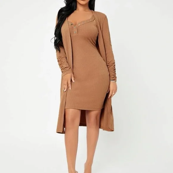 Shein Dresses | Shein Sxy Button Through Rib Knit Bodycon Dress With Coat | Color: Tan | Size: L | S_Alehtse's Closet